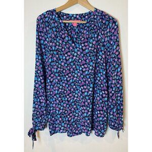 Lilly Pulitzer Esia Top Spotted in the Wild 100% Silk Navy Blue Pink Large L